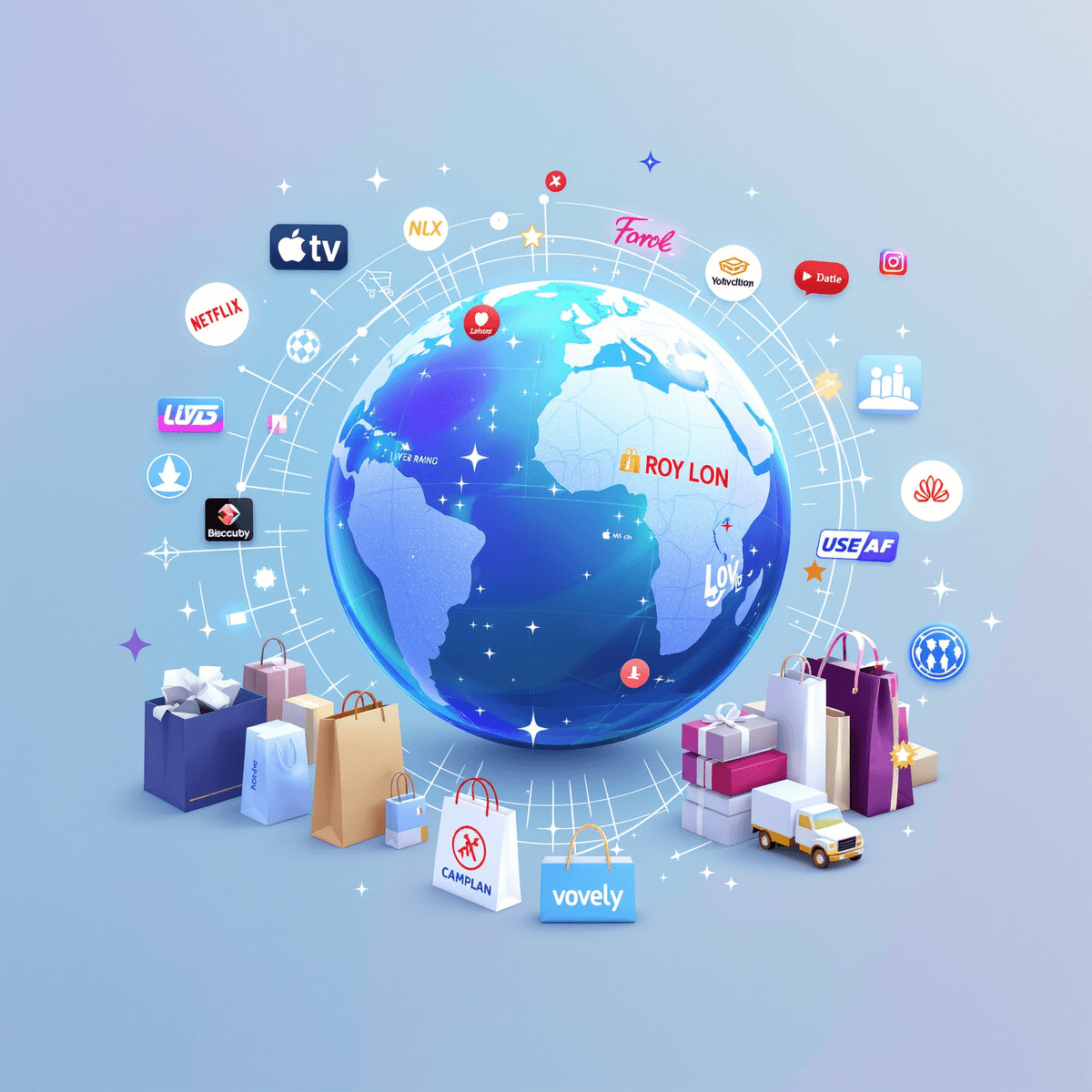 A globe surrounded by shopping bags, luxury brand logos, and shipping icons representing global e-commerce and cross-border shopping.