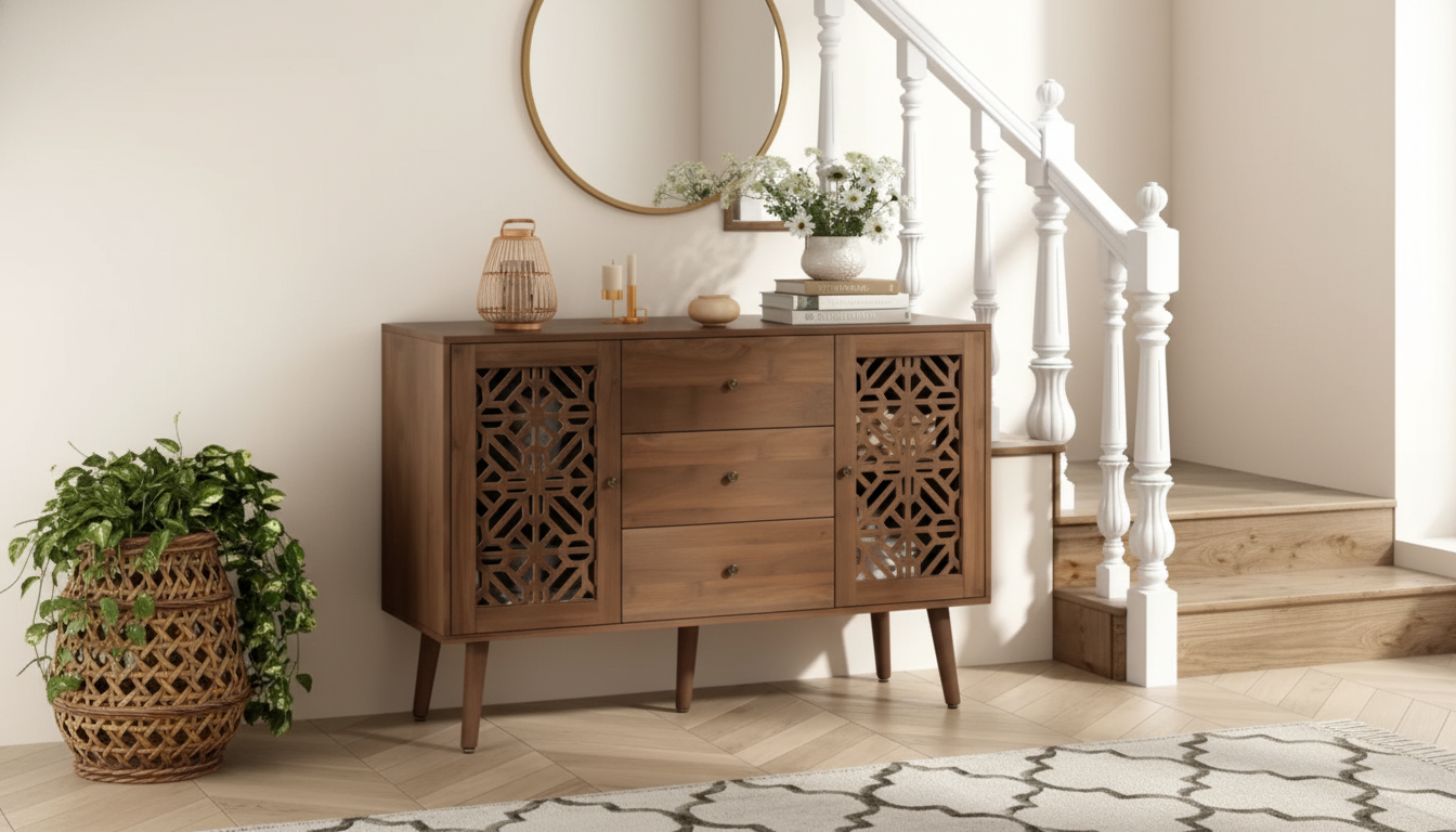 48-Inch Retro Carved Sideboard: Drawers + Doors