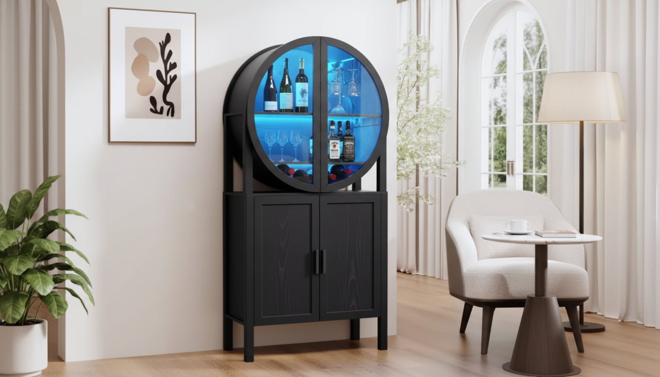 65-Inch Rounded Bar Cabinet with Glass Doors & LEDs