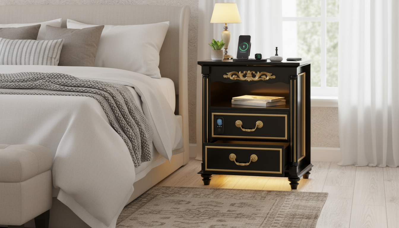 Farmhouse Nightstand: Locking Drawer, LEDs & Charging