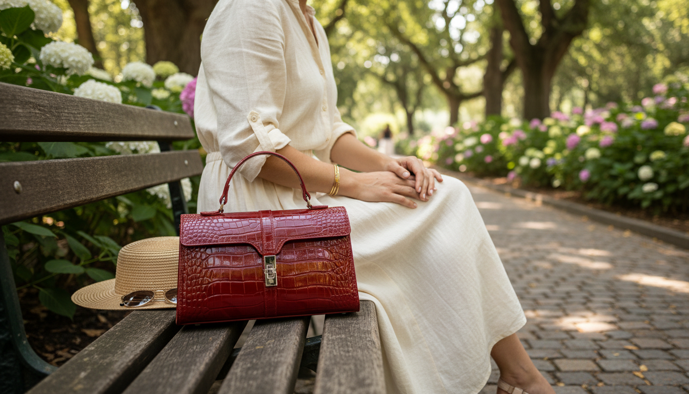 Glossy Croc-Print Satchel With Lock Closure: Style Guide