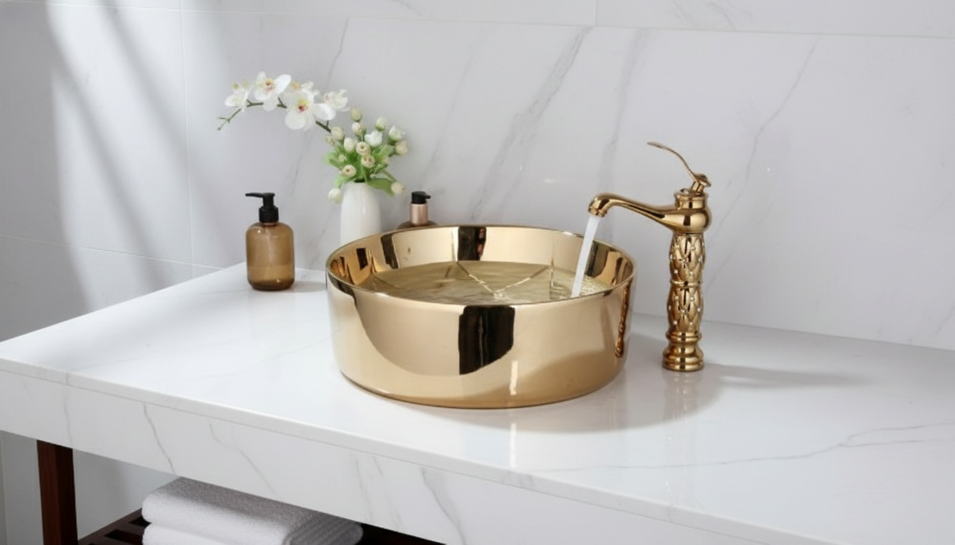 Gold Plated Ceramic Faucet & Round Vessel Basin Set