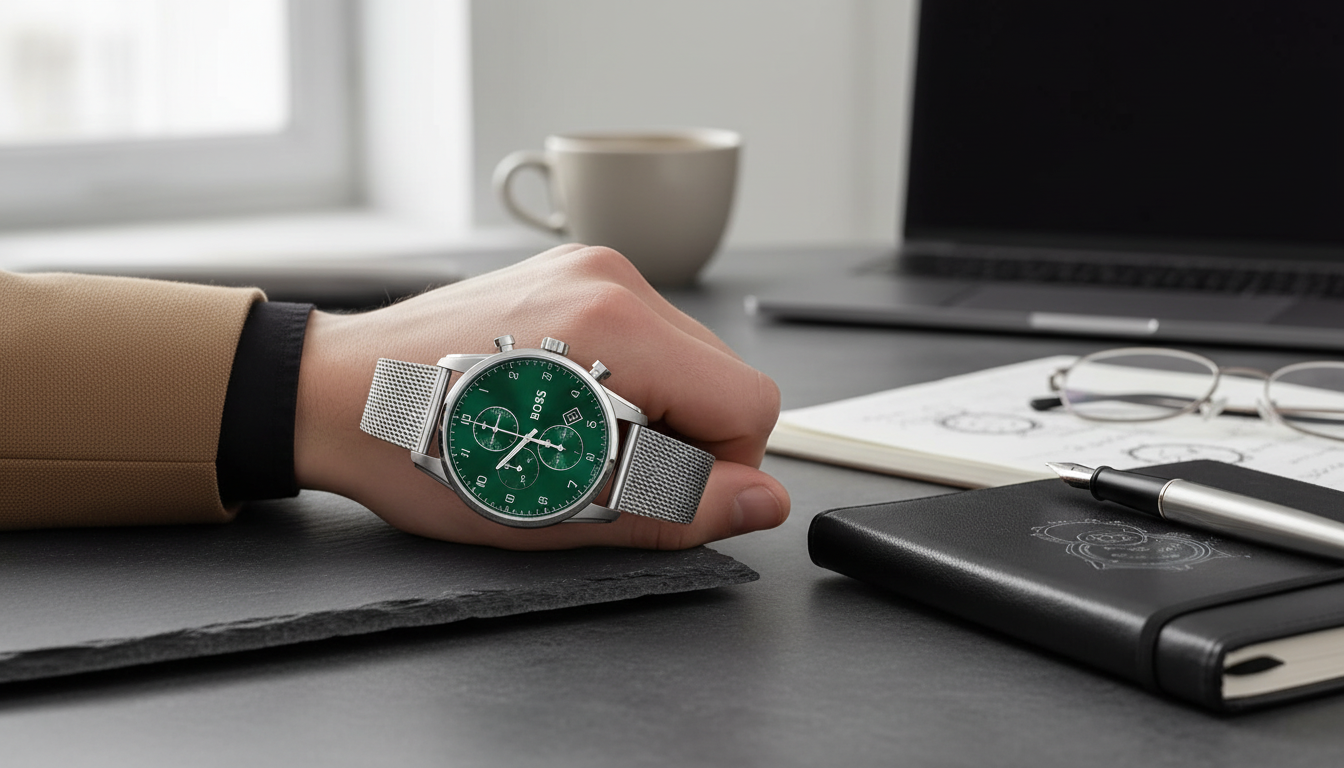 Hugo Boss 44mm Green Dial Quartz Watch in Steel