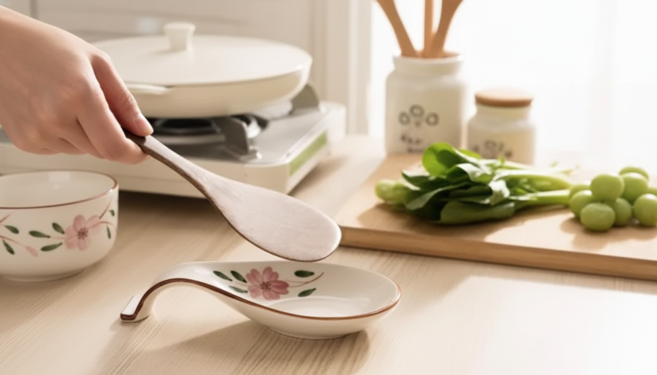 Japanese Ceramic Spoon Rest with Built-In Counter Shelf