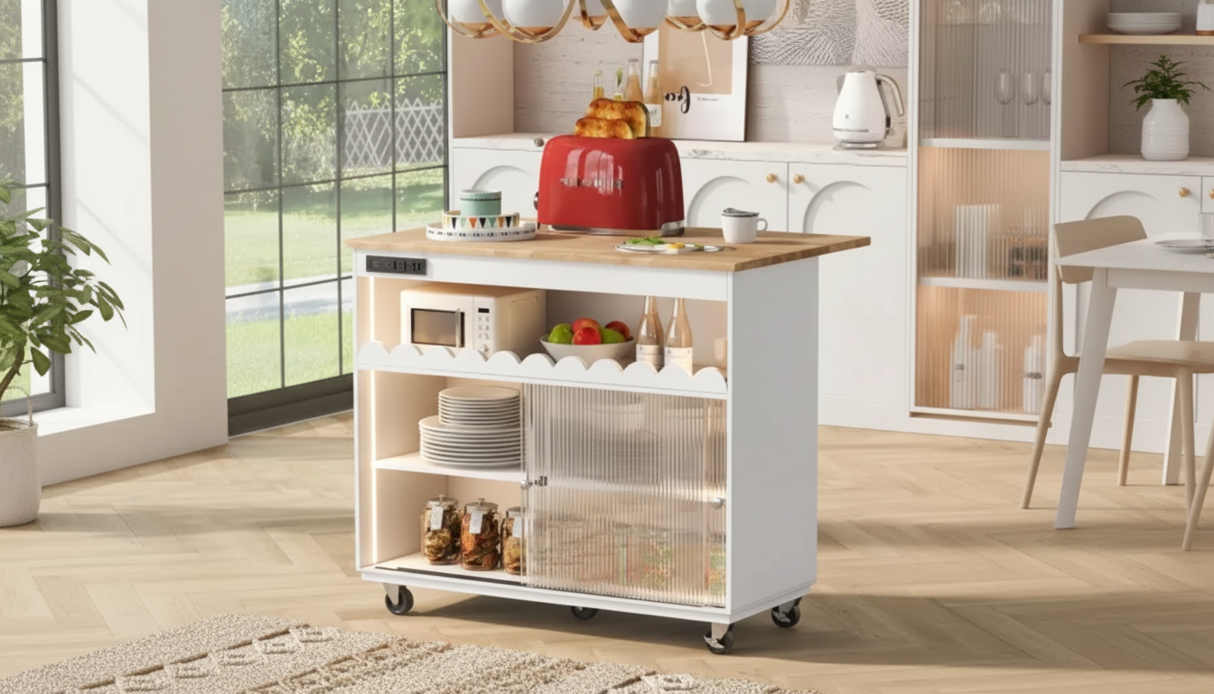 LED-Lit Kitchen Island Cart w/ Glass Doors & Outlets