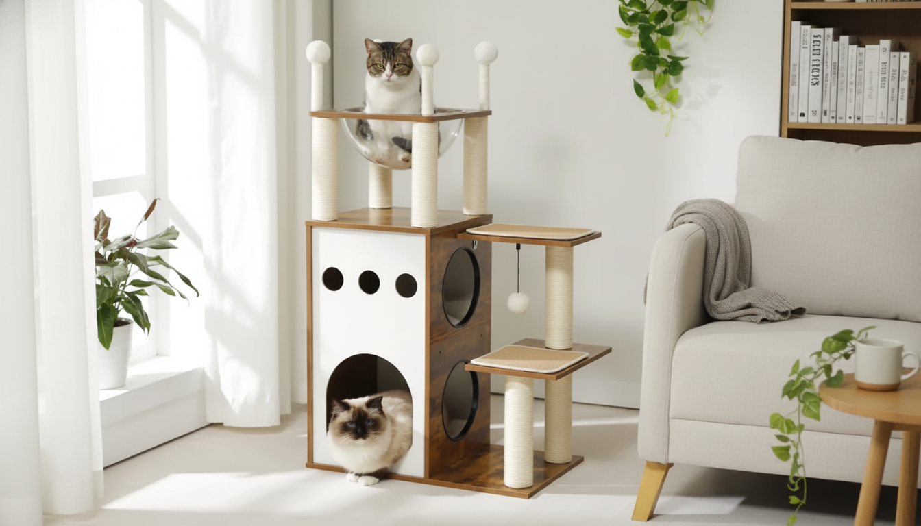 Modern Wooden Cat Tree Tower: Condo, Nest & Scratch Posts