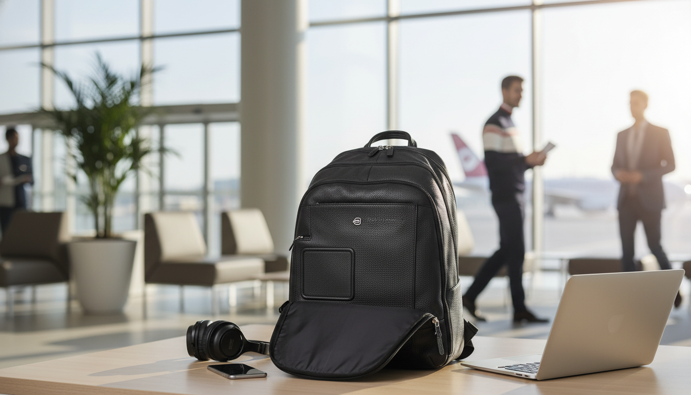 Piquadro Black Leather Laptop Backpack for Work Travel