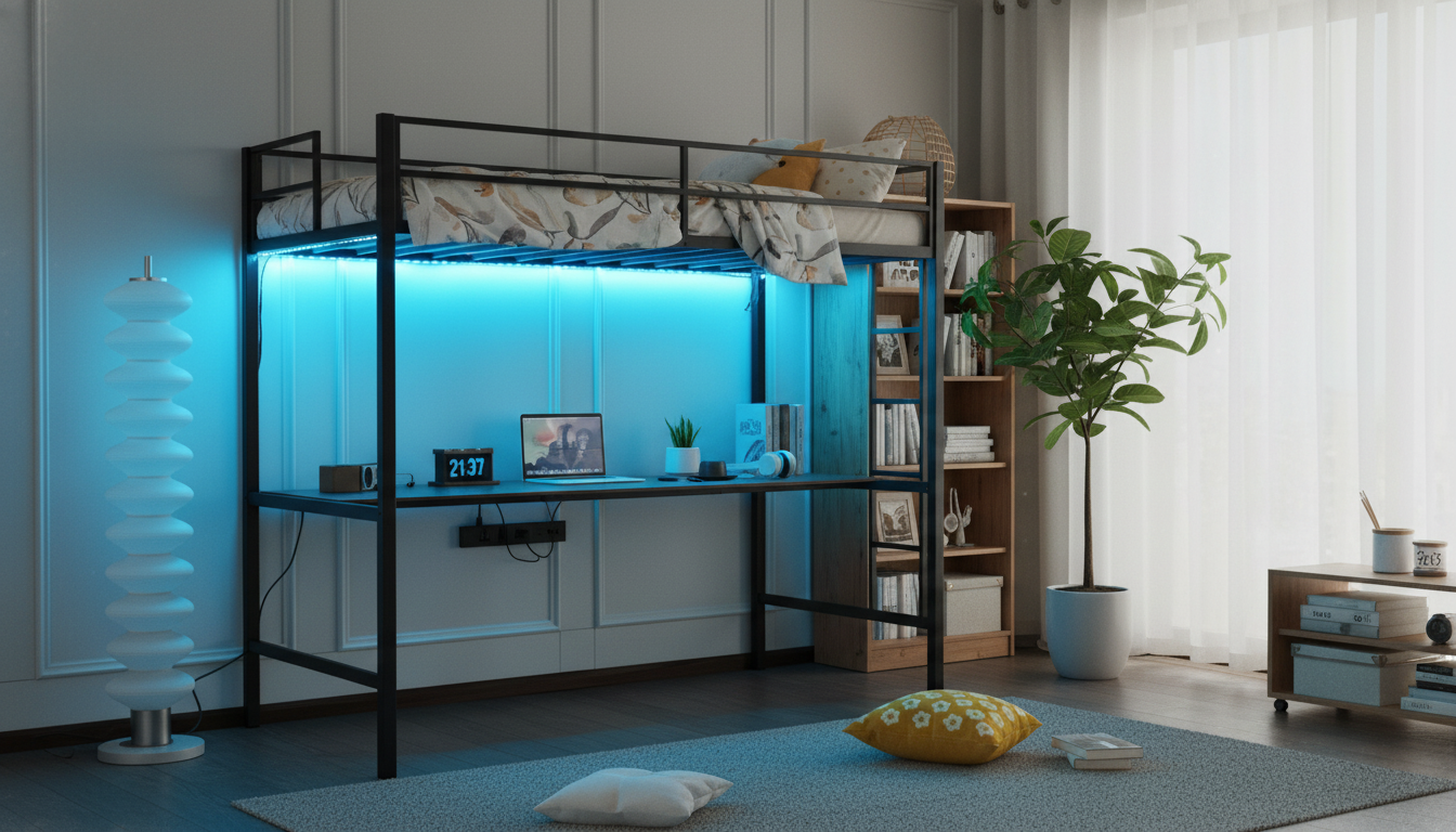 Twin Metal Loft Bed: Desk, LEDs & Charging Station